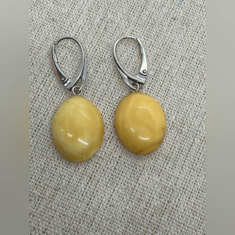 Vtg 925 Silver & Egg Yolk Amber Cabochon Oval Earrings Art Deco Style Posts